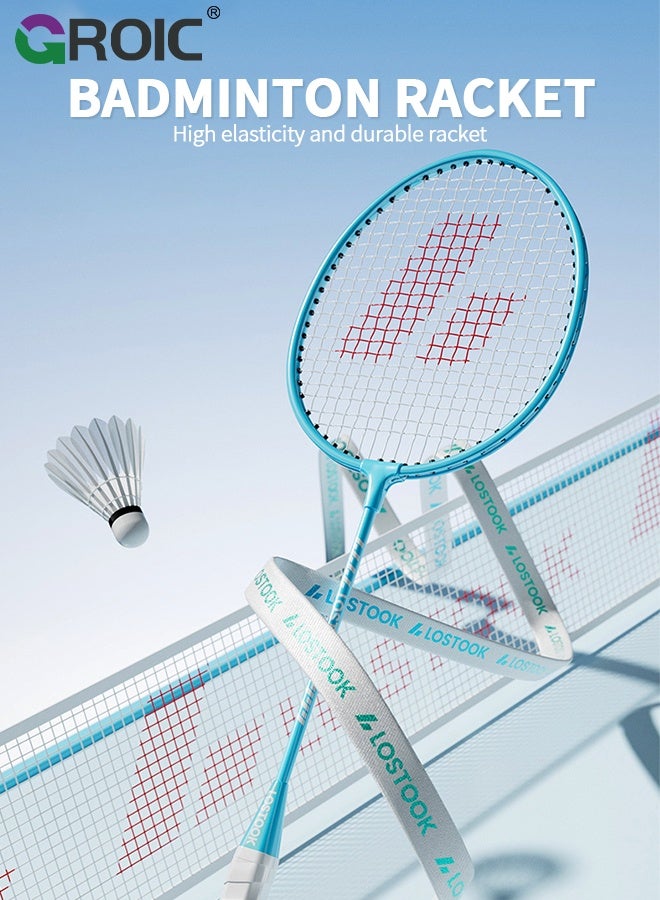 GROIC مجموعة مضارب كرة الريشة، تشمل 2 مضرب، 3 كرات، 2 شريط قبضة مضرب، 1 حقيبة حمل، خفيفة الوزن وأداء عالي للرياضة، التدريب والترفيه، أسلوب أزرق ووردي، مضرب كرة الريشة - Image 2